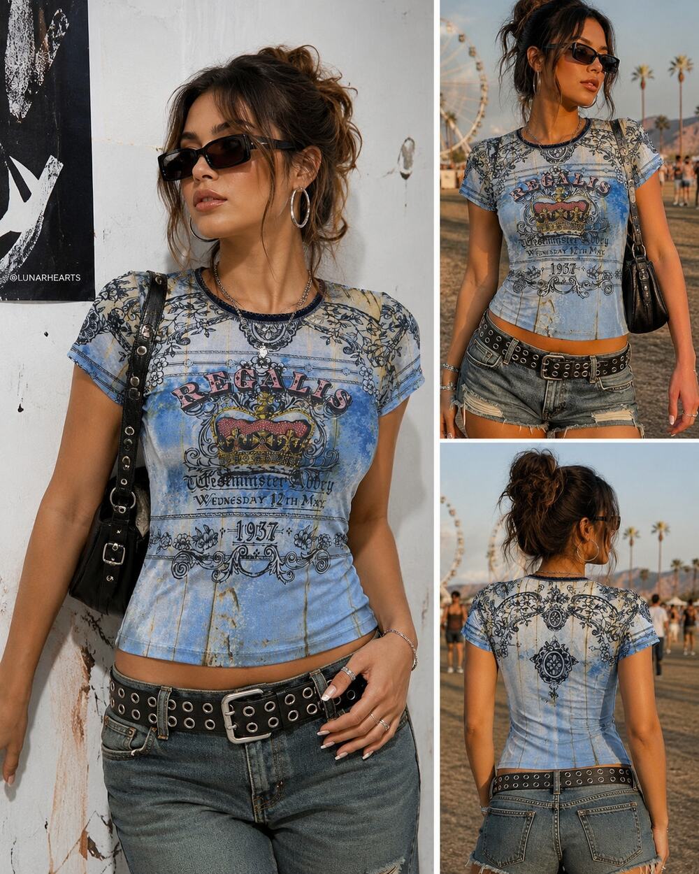 Y2K Regal Crown Graphic Baby Tee Blue Grunge Fairycore Top Women’s Large